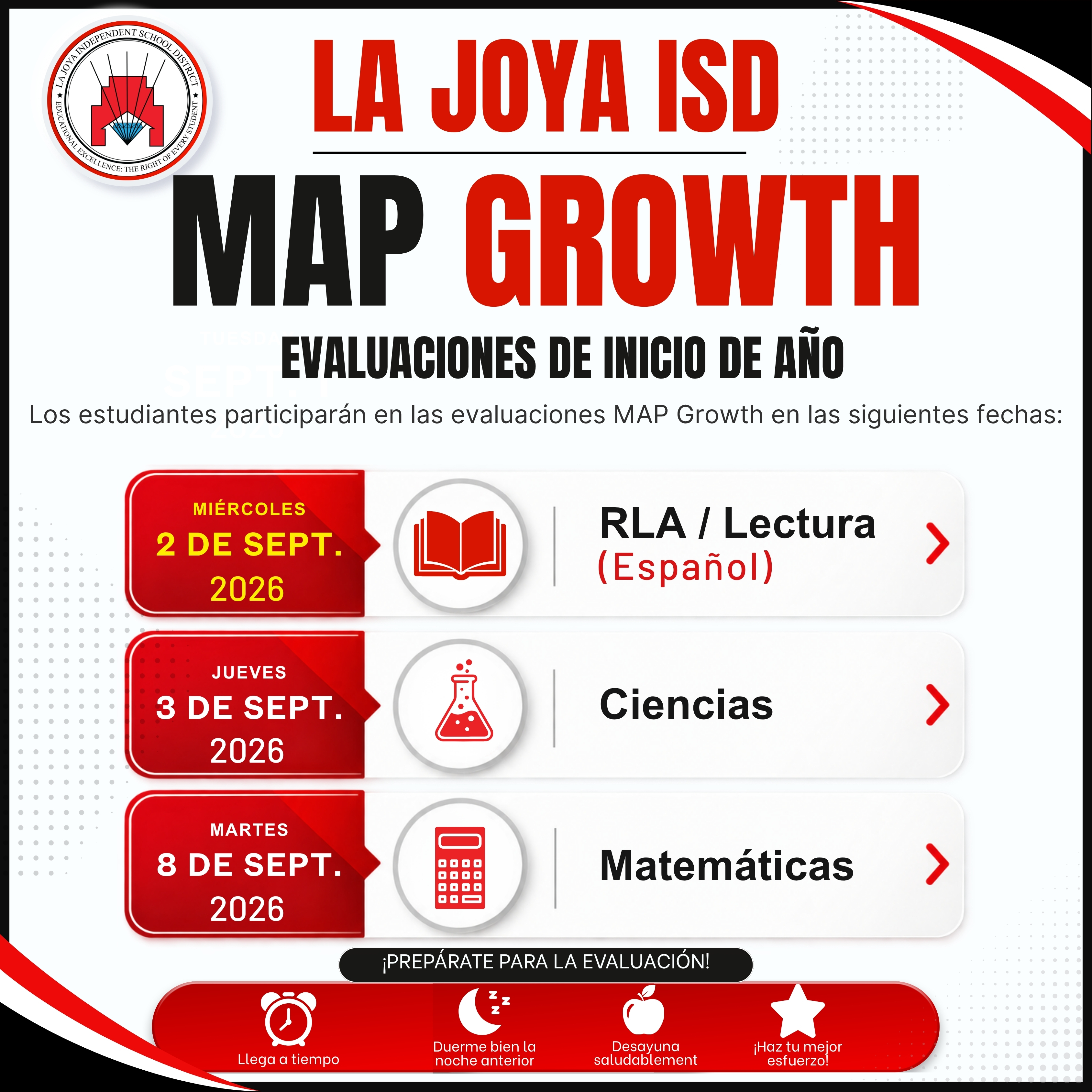 La Joya ISD MAP Growth schedule for early-year evaluations in September 2026, listing dates for reading, science, and math tests.