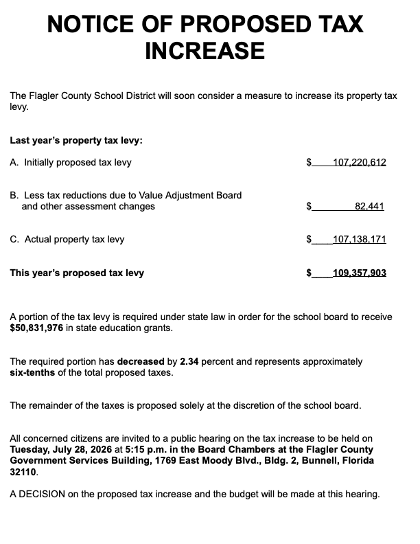 Notice of Proposed Tax Increase from Flagler County School District.