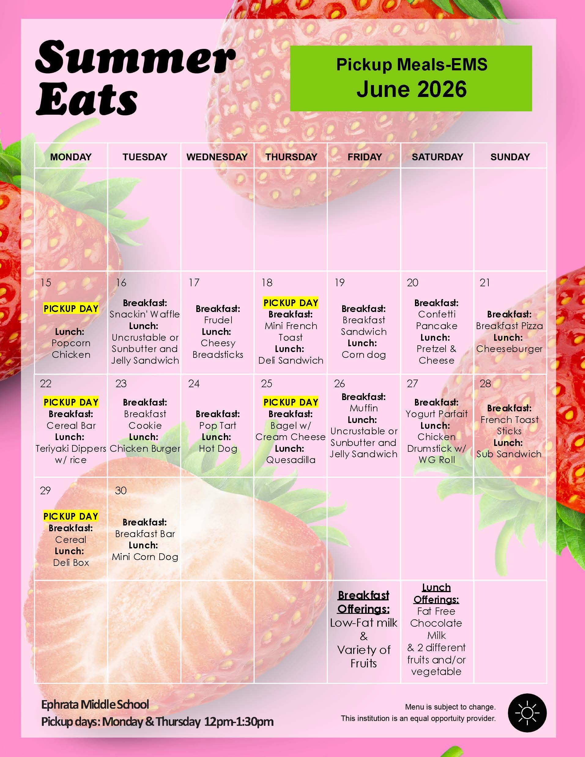 A June 2026 calendar titled 'Summer Eats' displays daily breakfast and lunch options for Ephrata Middle School.