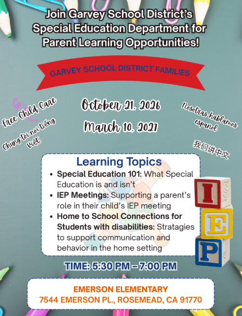 Garvey School District has Special Education Department for Parent Learning Copportunities