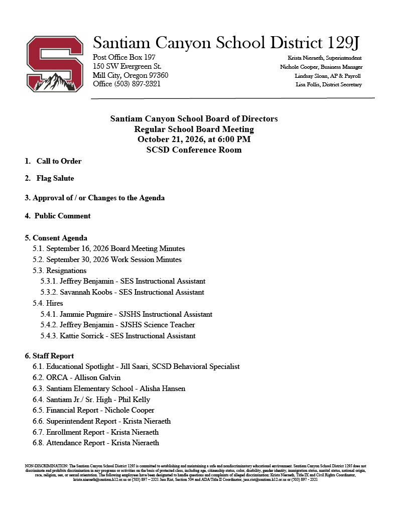 October 21, 2026, Regular School Board Meeting
