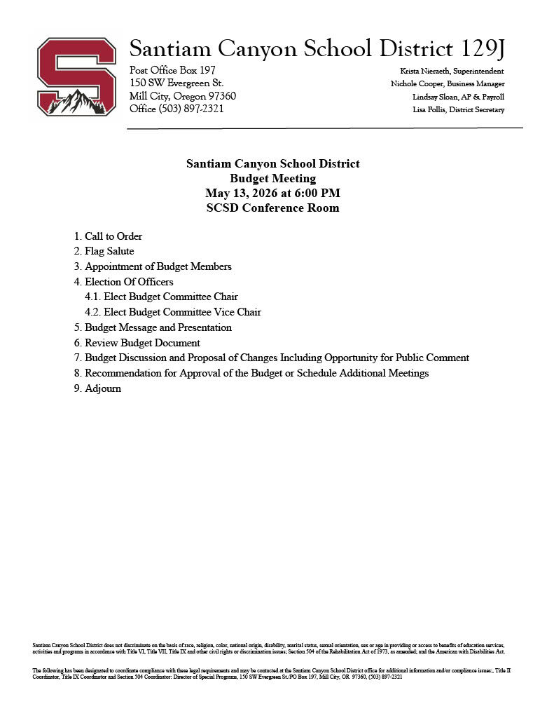 May 13 Budget Meeting and Regular Board Meeting