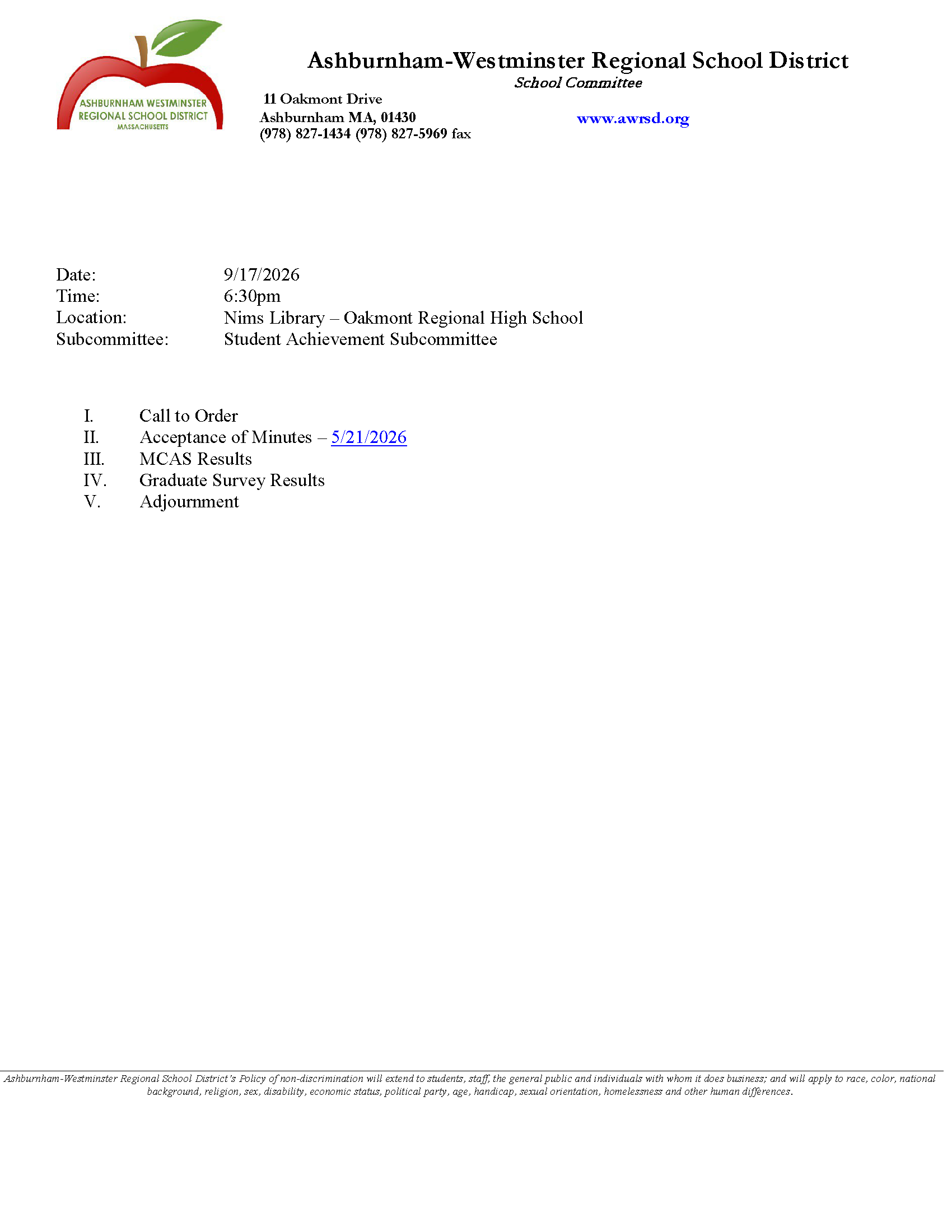 Student Achievement Subcommittee Meeting 9/17/2026