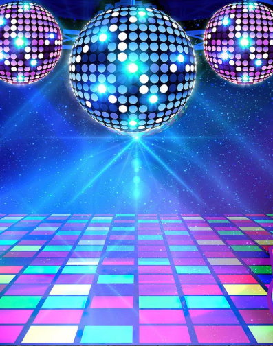 Three illuminated disco balls hang above a vibrant, multi-colored dance floor.