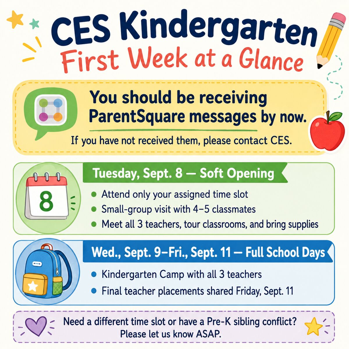CES Kindergarten: First Week at a Glance