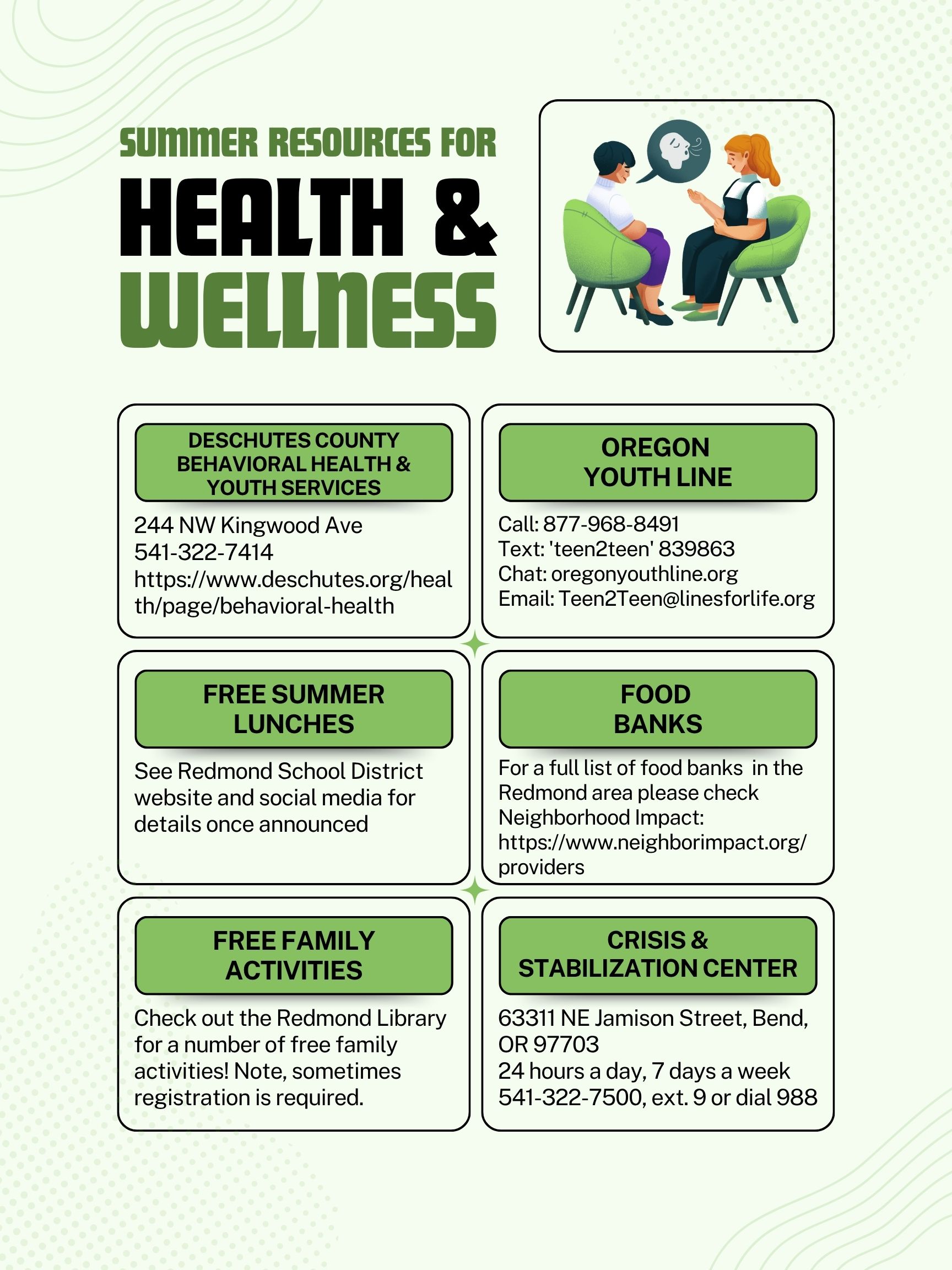 Poster titled 'Summer Resources for Health & Wellness' with contact information for various services.