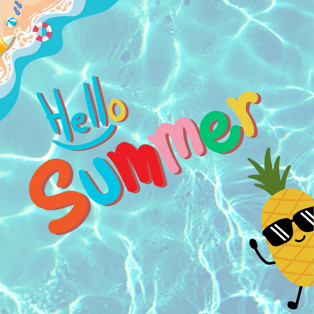 Bright "Hello Summer" text floats on a shimmering blue water background with a cartoon pineapple wearing sunglasses.