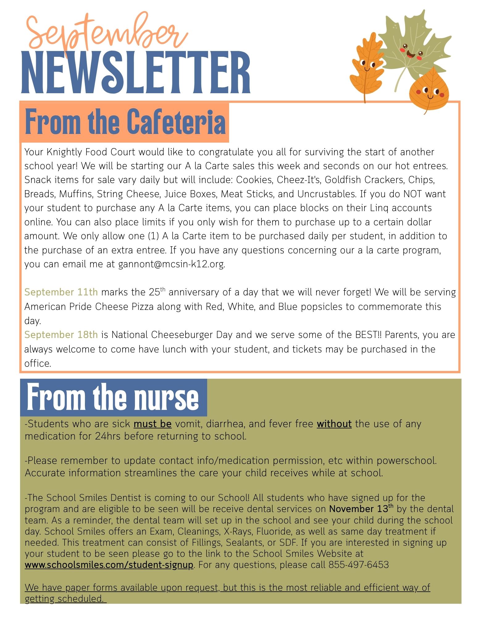 September Newsletter with sections 'From the Cafeteria' and 'From the nurse'.