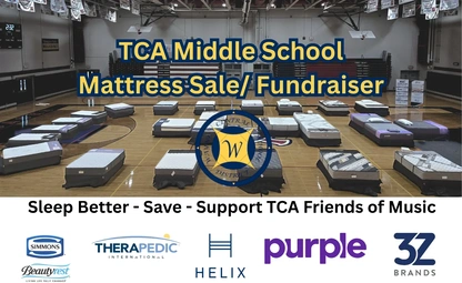 TCA Middle School Mattress Sale/Fundraiser held in a gymnasium with many mattresses displayed on the court.