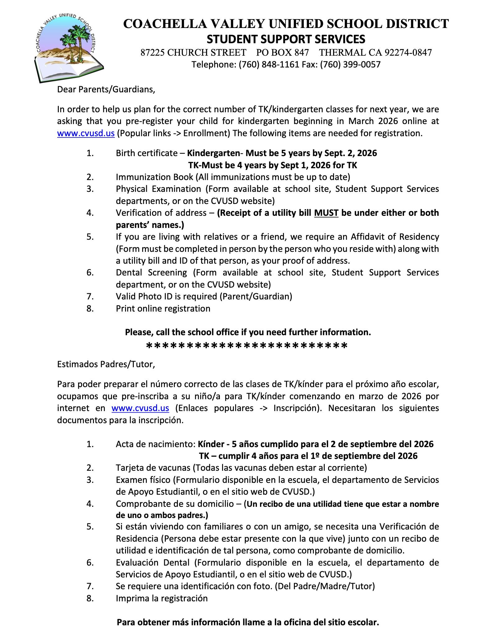 Coachella Valley Unified School District Student Support Services letter detailing TK/Kindergarten registration requirements for March 2026.