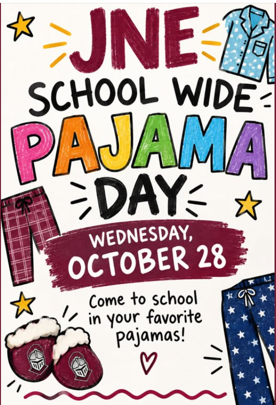 A colorful flyer announces JNE School Wide Pajama Day on Wednesday, October 28.