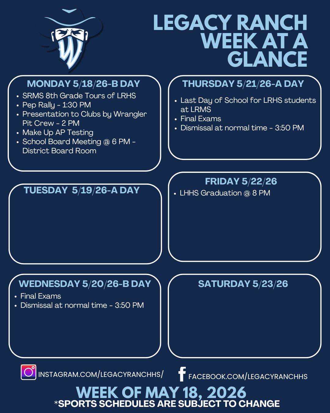 Legacy Ranch Week at a Glance - Last Week of School 2026