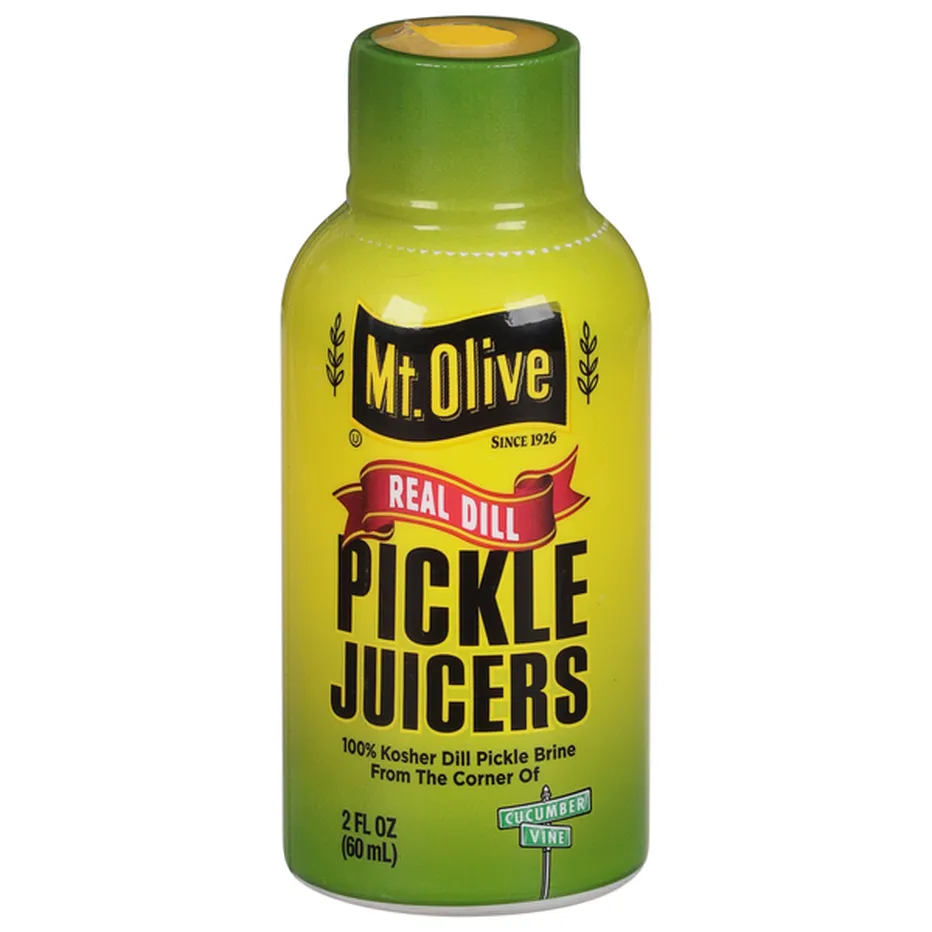 Mt. Olive Real Dill Pickle Juicers with a green cap.