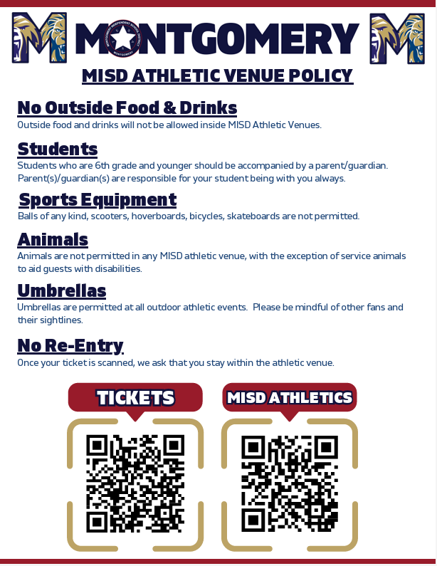 MISD Athletic Venue Policy document with rules on food, students, equipment, animals, umbrellas, and re-entry.