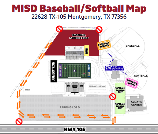 Map of MISD Baseball/Softball facilities at 22628 TX-105 Montgomery, TX 77356.