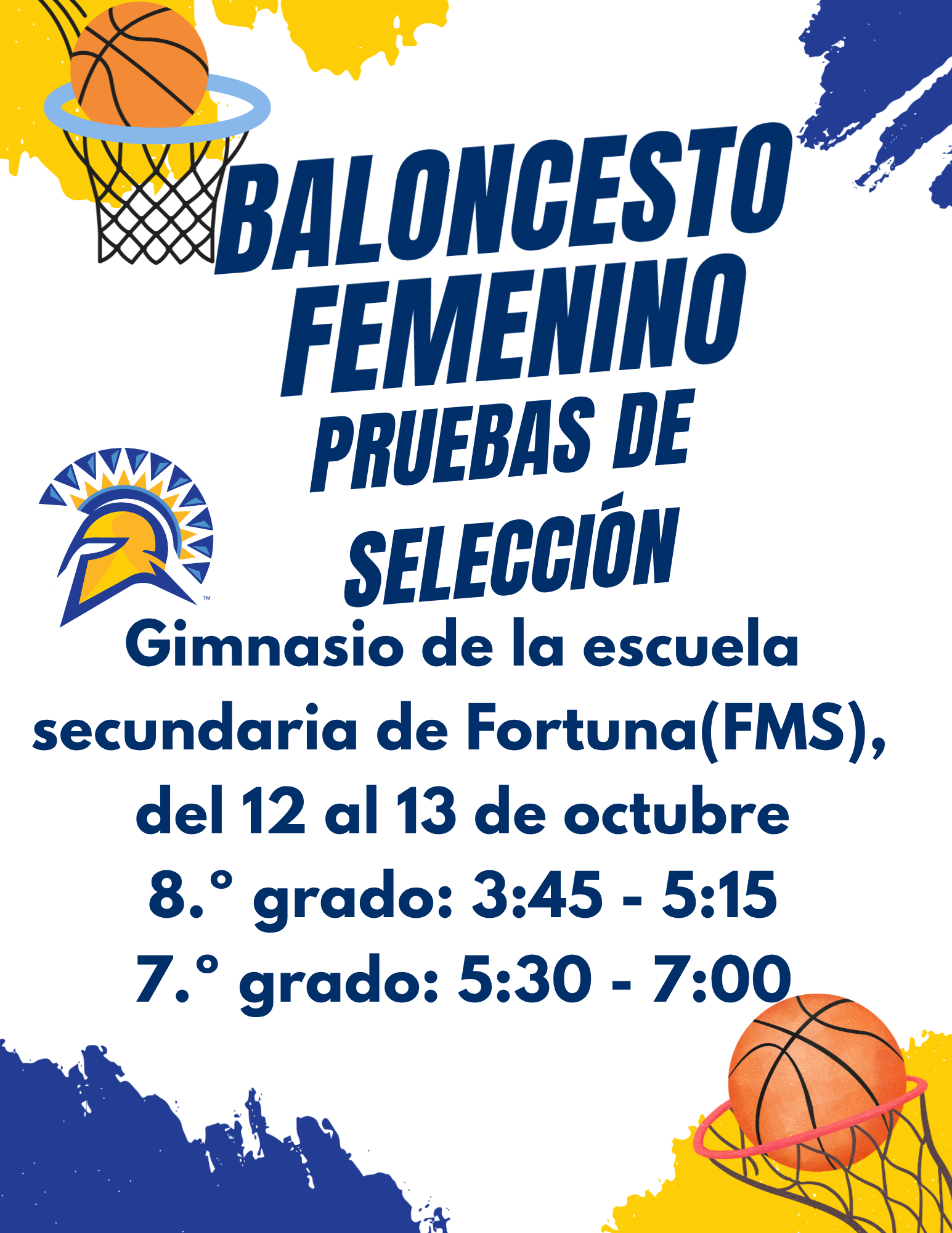 A promotional flyer for girls' basketball tryouts featuring blue and yellow accents, a basketball hoop, and a Spartan mascot logo.