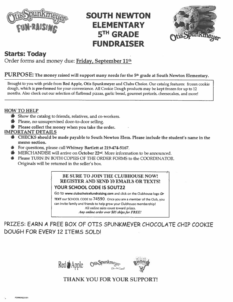 Flyer for South Newton Elementary 5th Grade Fundraiser featuring Otis Spunkmeyer products.