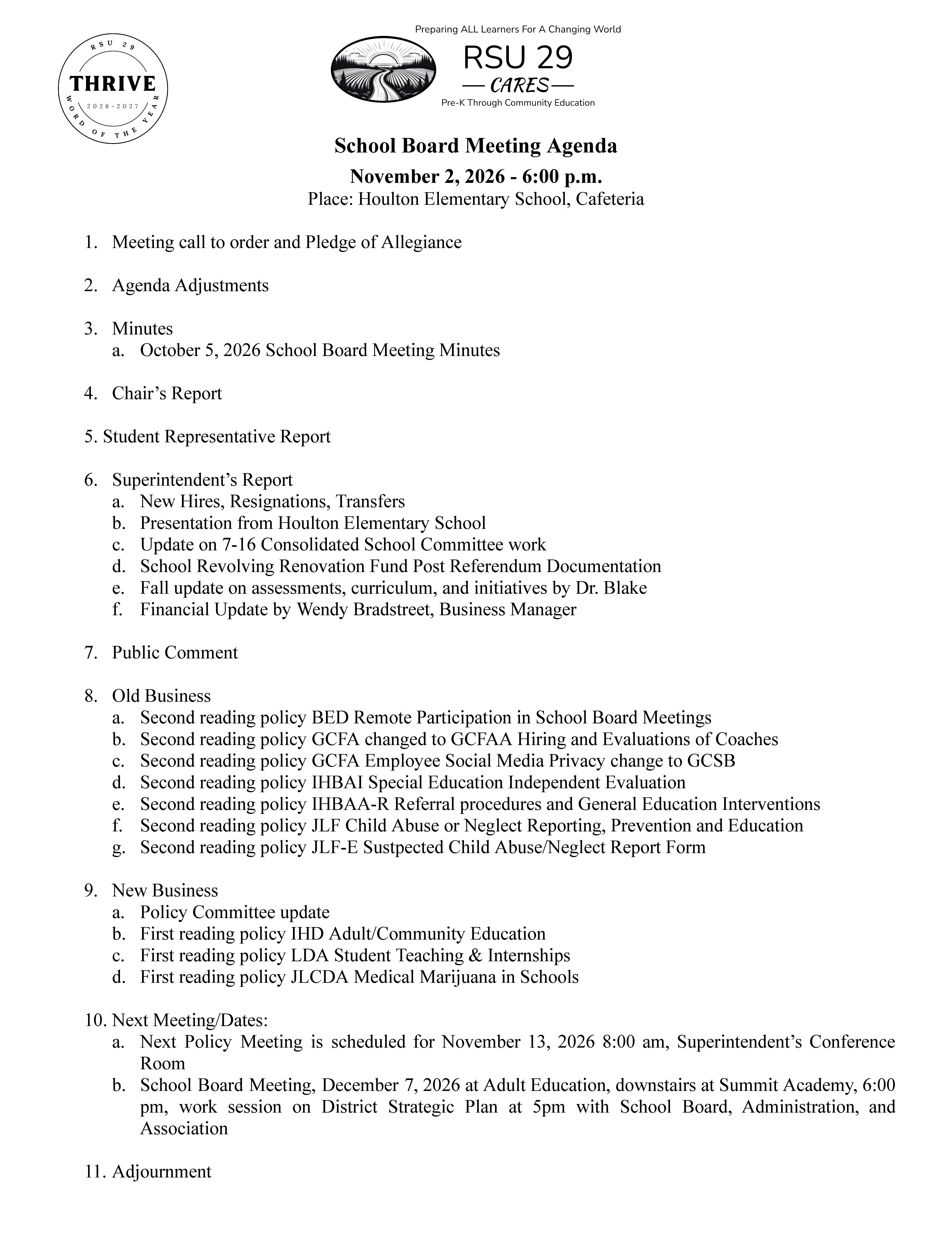 School Board Agenda - Monday, November 2, 2026