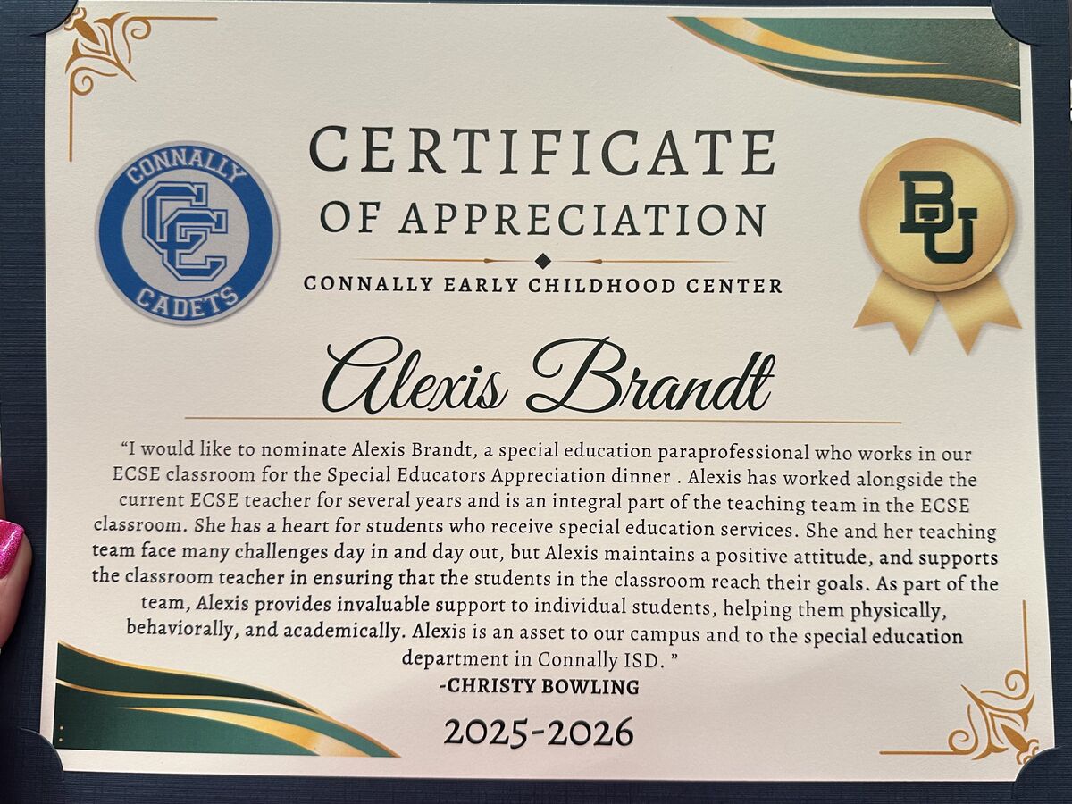 Certificate of Appreciation for Alexis Brandt from Connally Early Childhood Center.