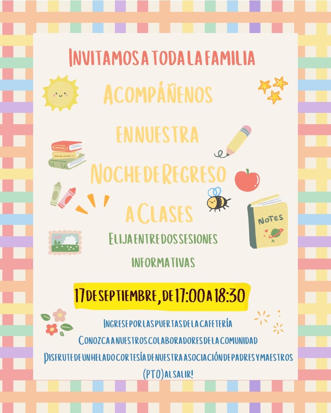 A colorful flyer with a checkered border invites families to a back-to-school night on September 17th.