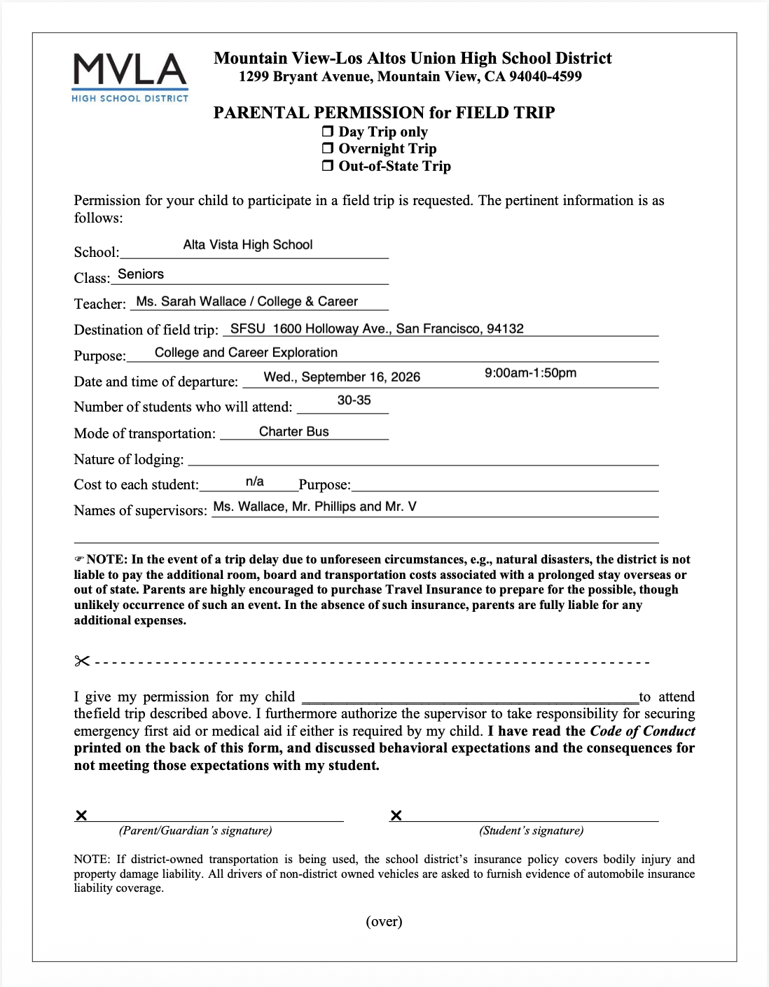 SFSU Field trip: Turn in field trip permission forms!