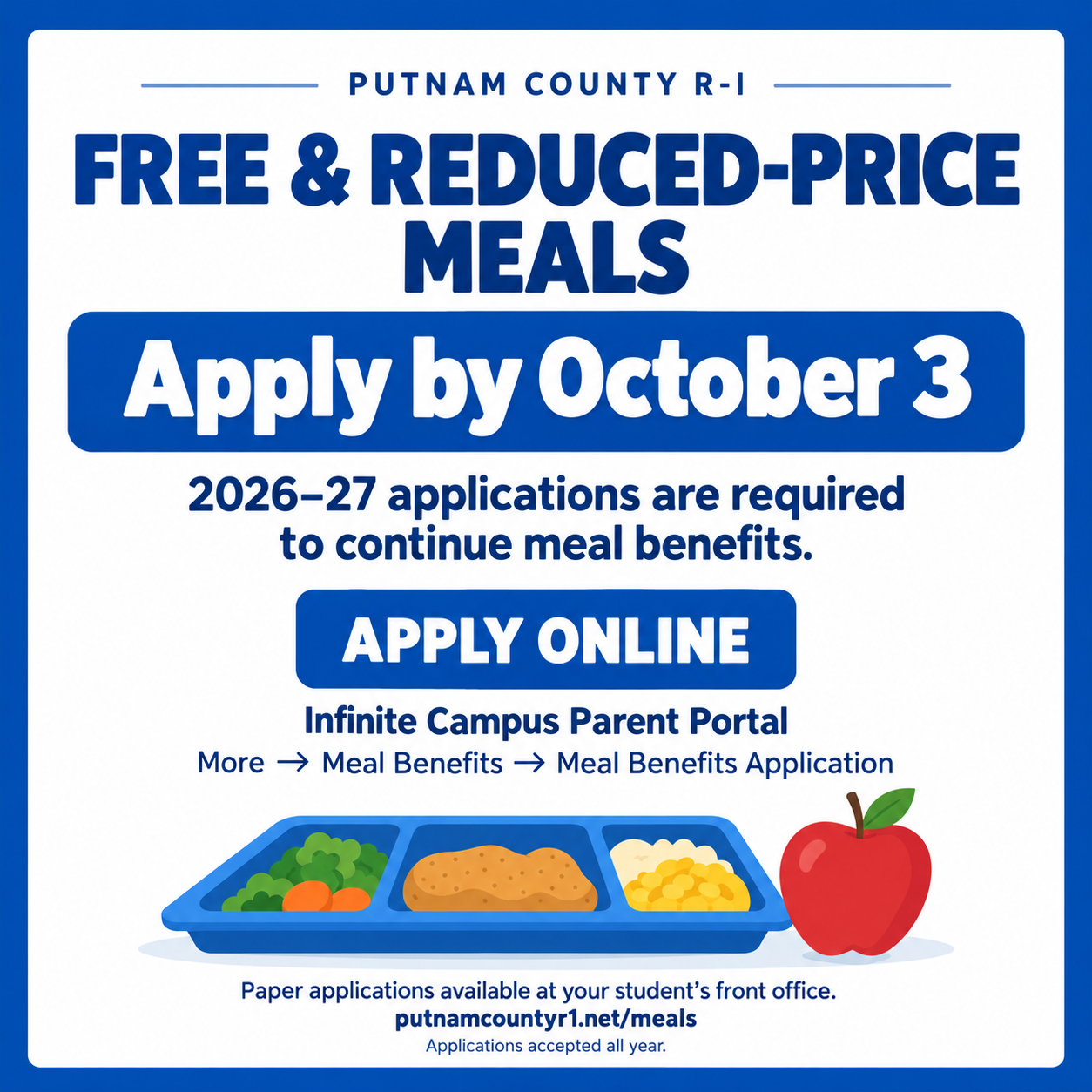 Reminder: Apply for Free & Reduced-Price Meals by October 3