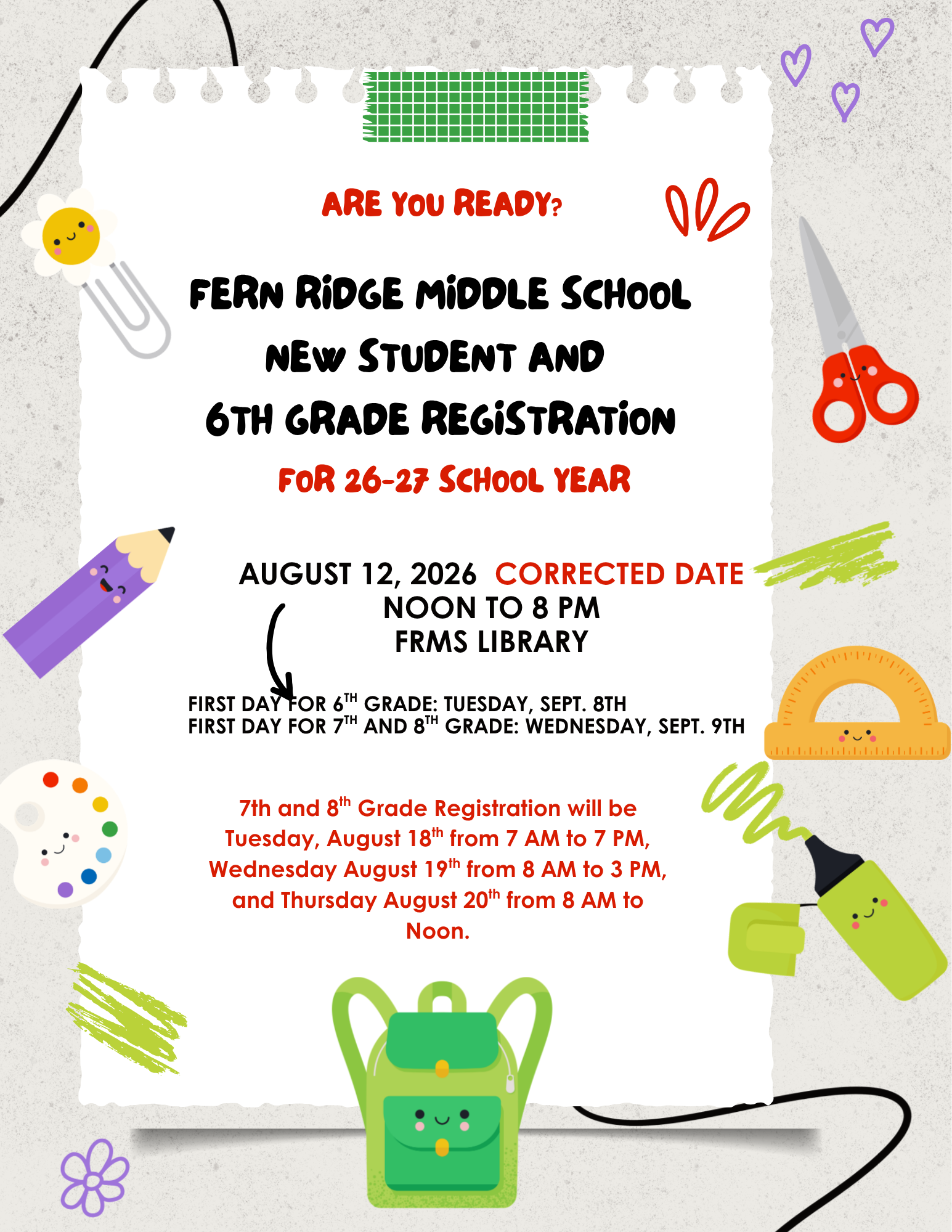6th Grade and New Student Registration- Date Corrected