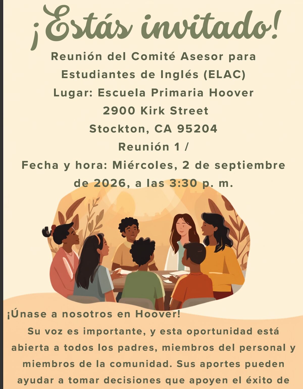 Invitation to the English Language Advisory Committee (ELAC) meeting at Hoover Elementary School on September 2, 2026, at 3:30 PM.