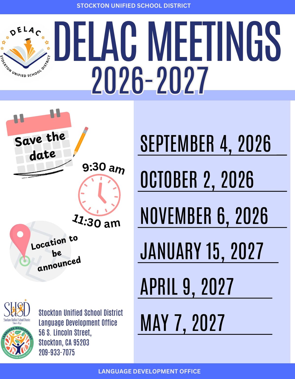 Poster announcing DELAC meetings for the 2026-2027 school year with dates and times.