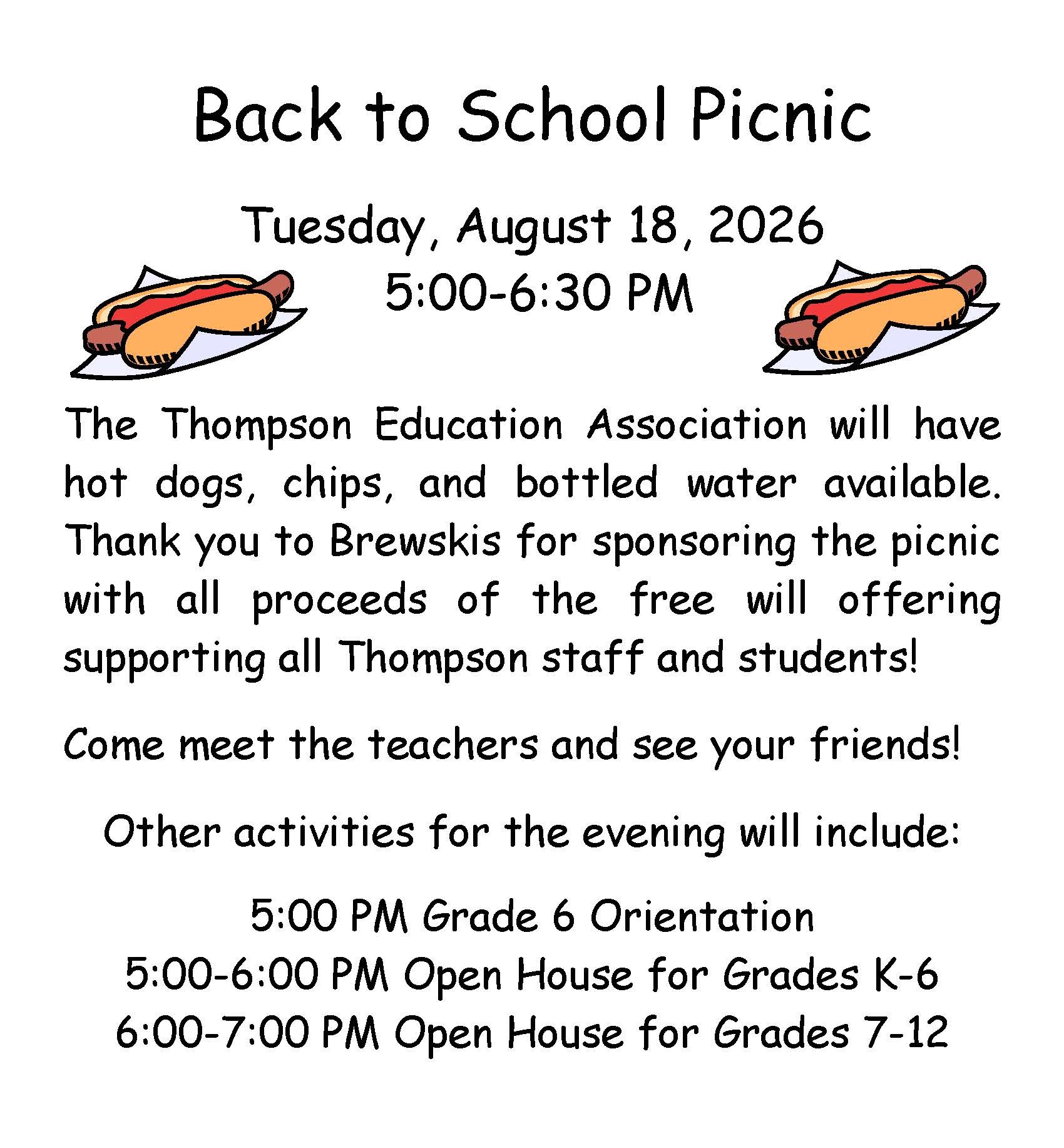 Back to School Picnic Tuesday, August 18