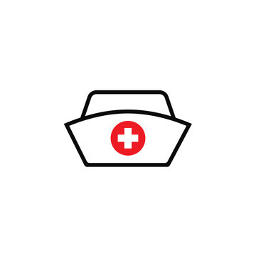 A minimalist icon of a nurse's cap with a red cross symbol.