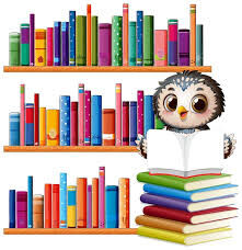 A cute owl peeks out from behind a stack of colorful books on a shelf.
