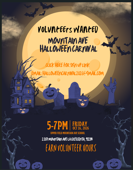 Looking for Volunteers at Mountain Avenue Carnival October 16  5:00-7:00