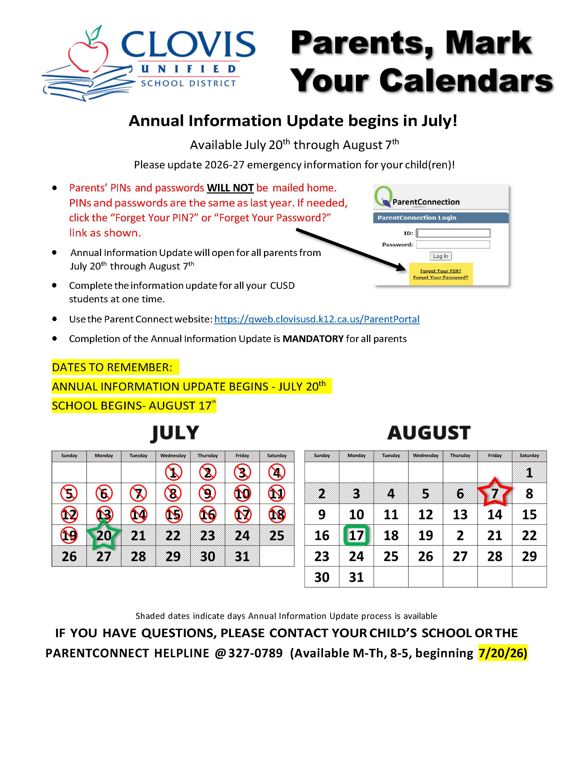 Clovis Unified School District announcement about the Annual Information Update for parents, with dates and login instructions.