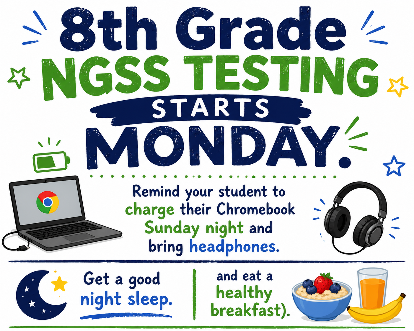 8th Grade NGSS Testing - Monday