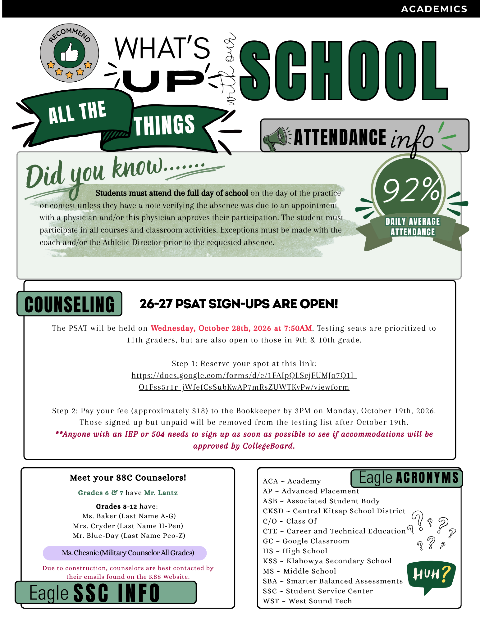 A school newsletter page titled 'What's up with our school' featuring sections on attendance, counseling, and school acronyms.