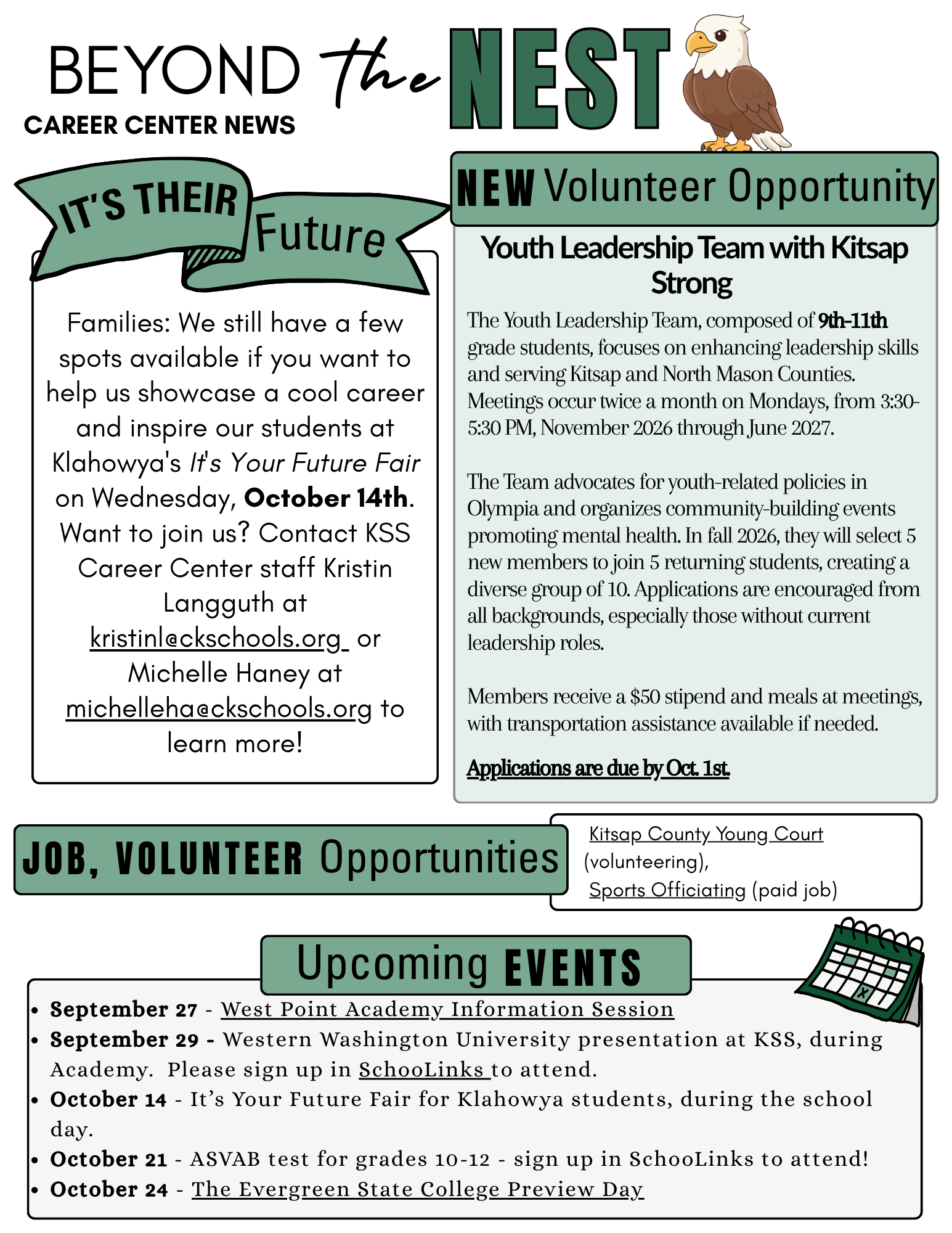 A career center newsletter titled "Beyond the Nest" features a volunteer opportunity and upcoming student events.
