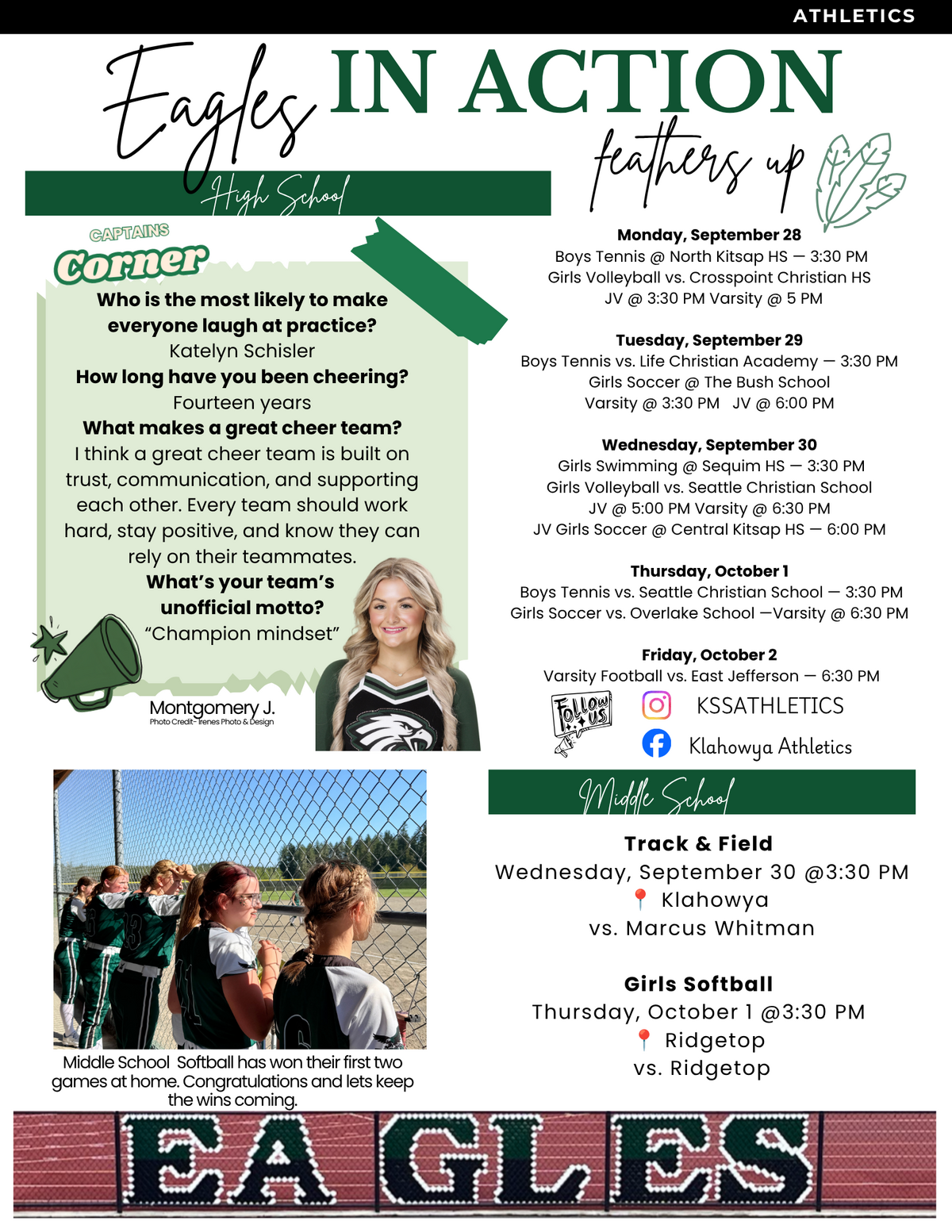 A school athletics newsletter titled "Eagles in Action" features sports schedules, a Q&A section with a cheerleader, and photos of student athletes.