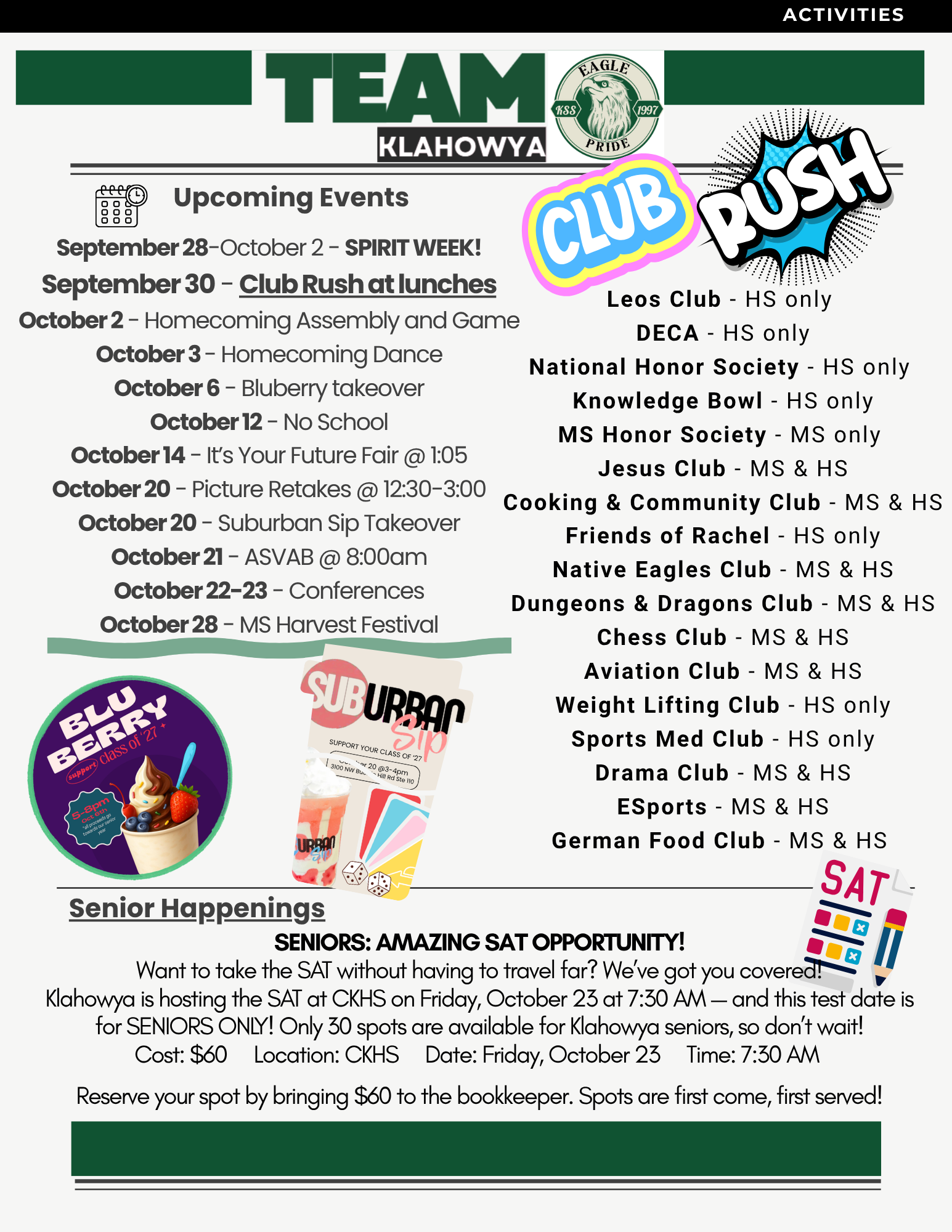 A school flyer lists upcoming events like Spirit Week and Homecoming for Team Klahowya.