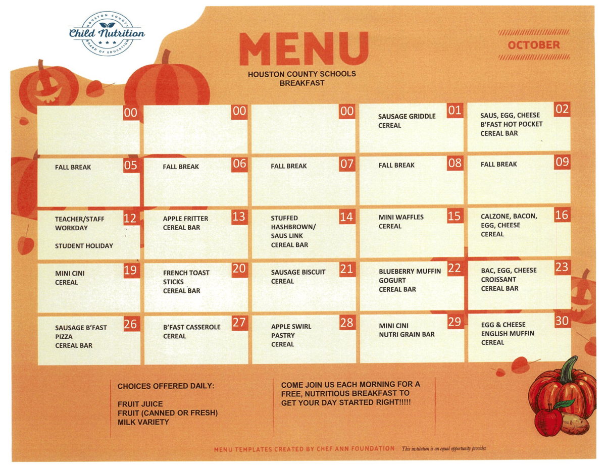 October Cafeteria Menus
