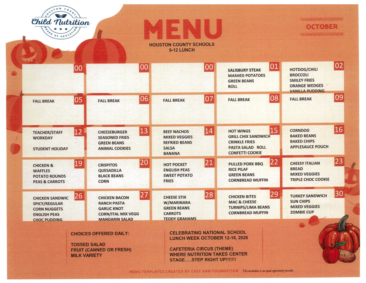 A school lunch menu for October, featuring daily meal options and the text 'Houston County Schools 9-12 Lunch'.