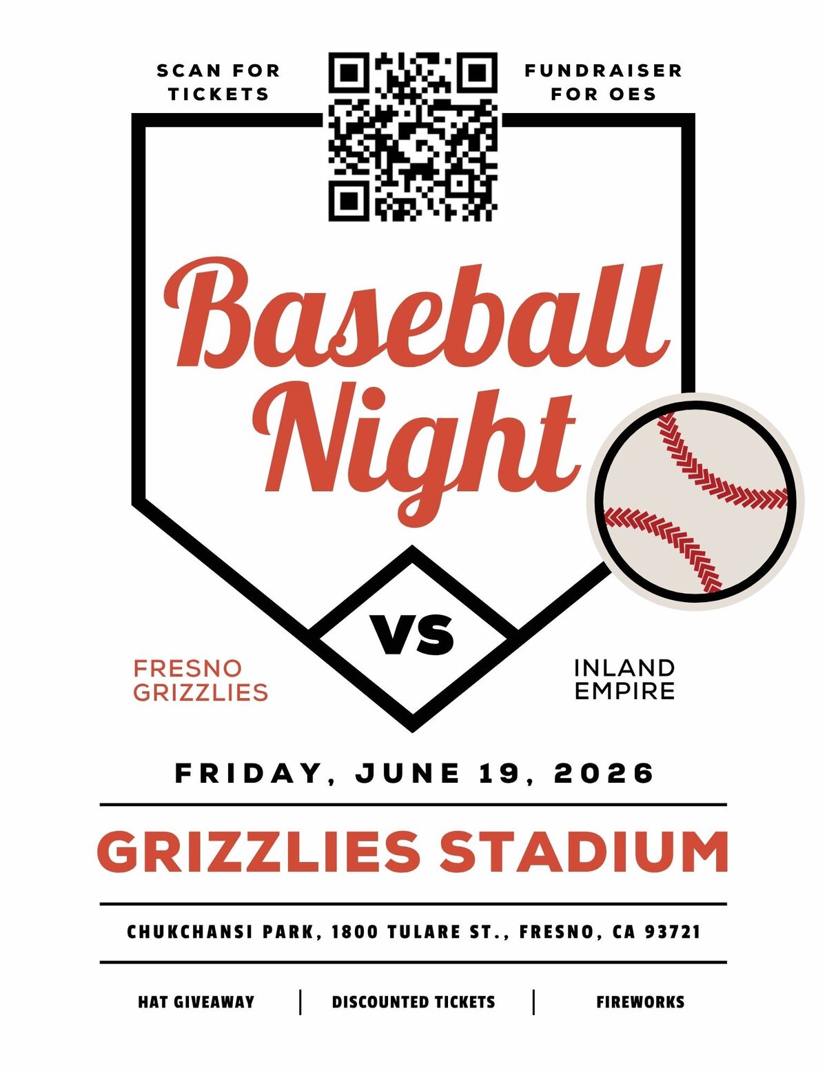 Poster for 'Baseball Night' featuring the Fresno Grizzlies vs. Inland Empire on Friday, June 19, 2026, at Grizzlies Stadium.