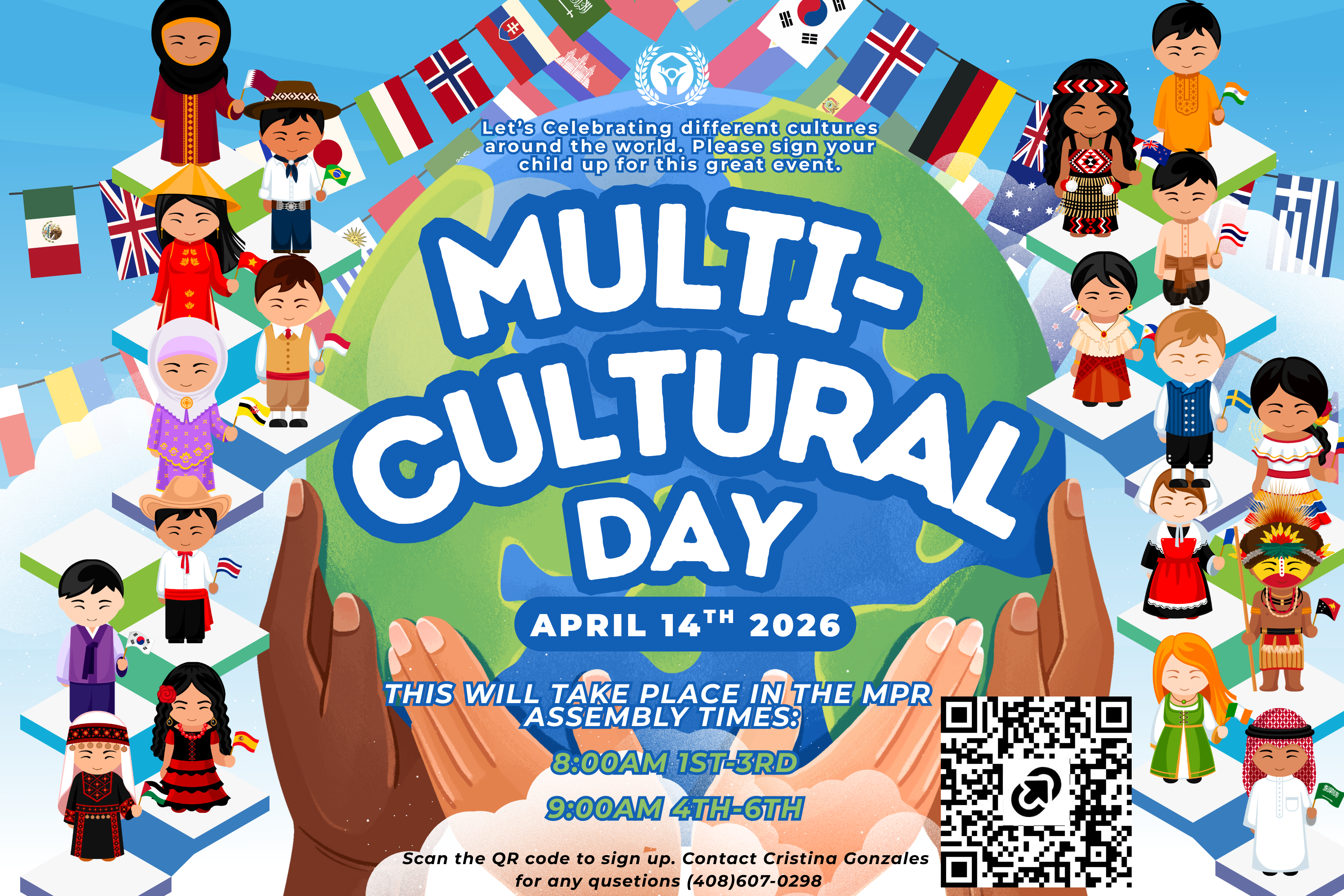 A vibrant poster announces 'Multicultural Day' on April 14th, 2026, featuring diverse children in traditional attire and flags from around the world.