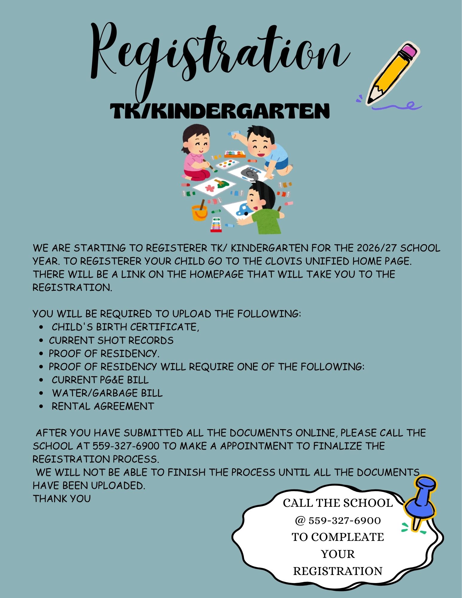 Poster announcing TK/Kindergarten registration for the 2026/27 school year with colorful illustrations of children drawing and a pencil.
