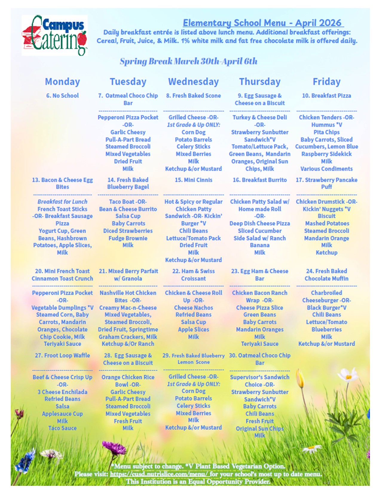 A weekly school lunch menu for elementary students, detailing breakfast and lunch options from Monday to Friday.