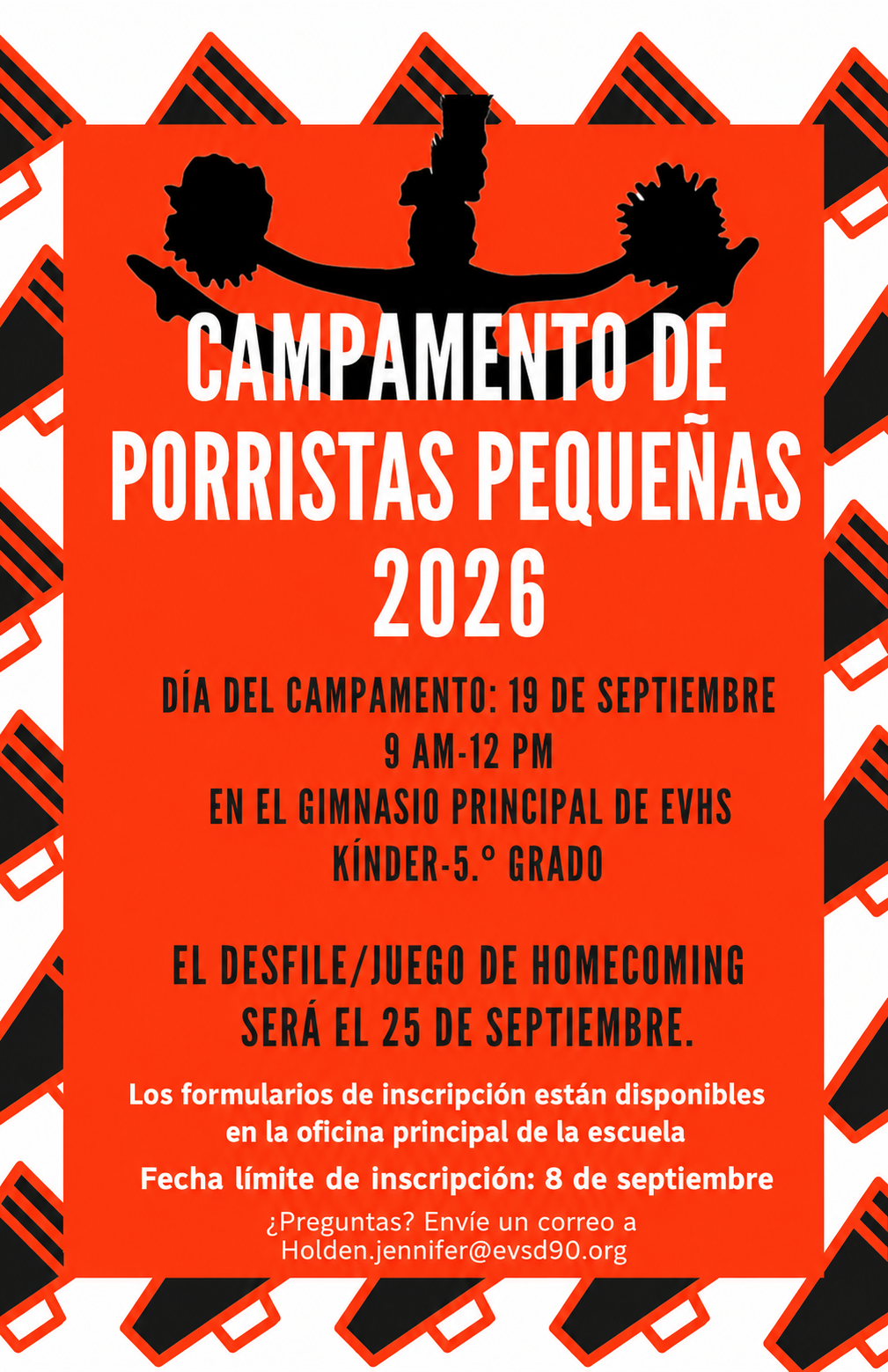 A bright orange flyer for a 2026 little cheerleaders camp features a cheerleader silhouette and Spanish text details.