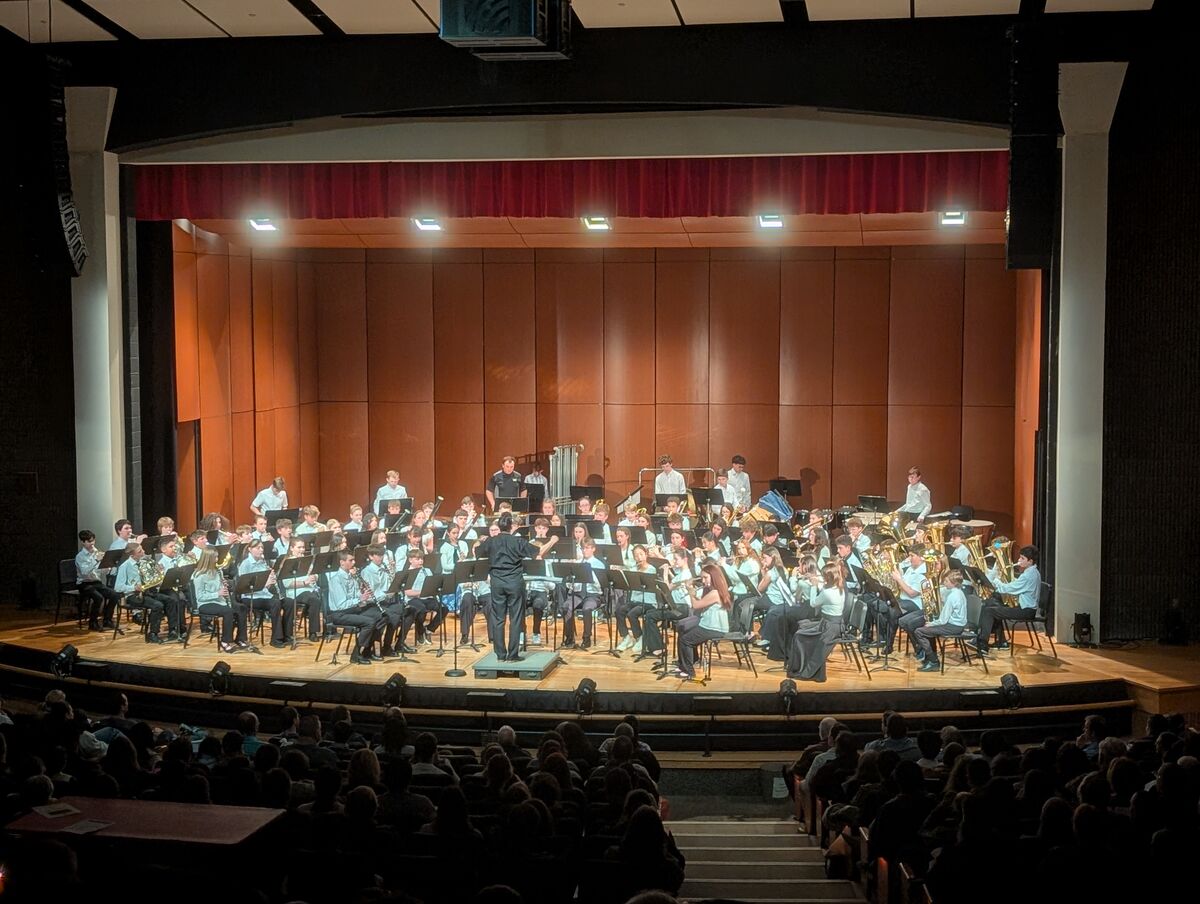 A large orchestra performs on a stage in front of a seated audience.