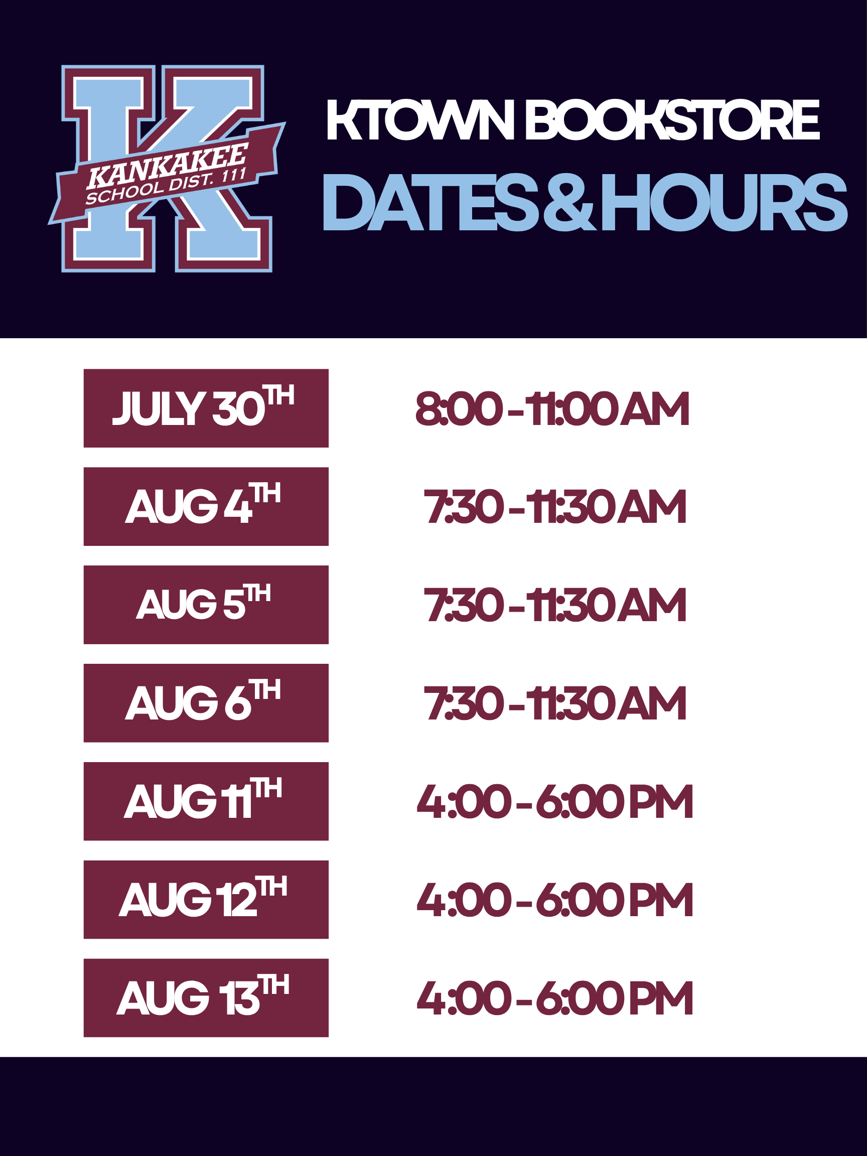 KTown Bookstore Upcoming Dates & Hours