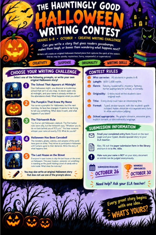 A poster announces 'The Hauntingly Good Halloween Writing Contest' for grades 6-8, detailing prompts and rules.