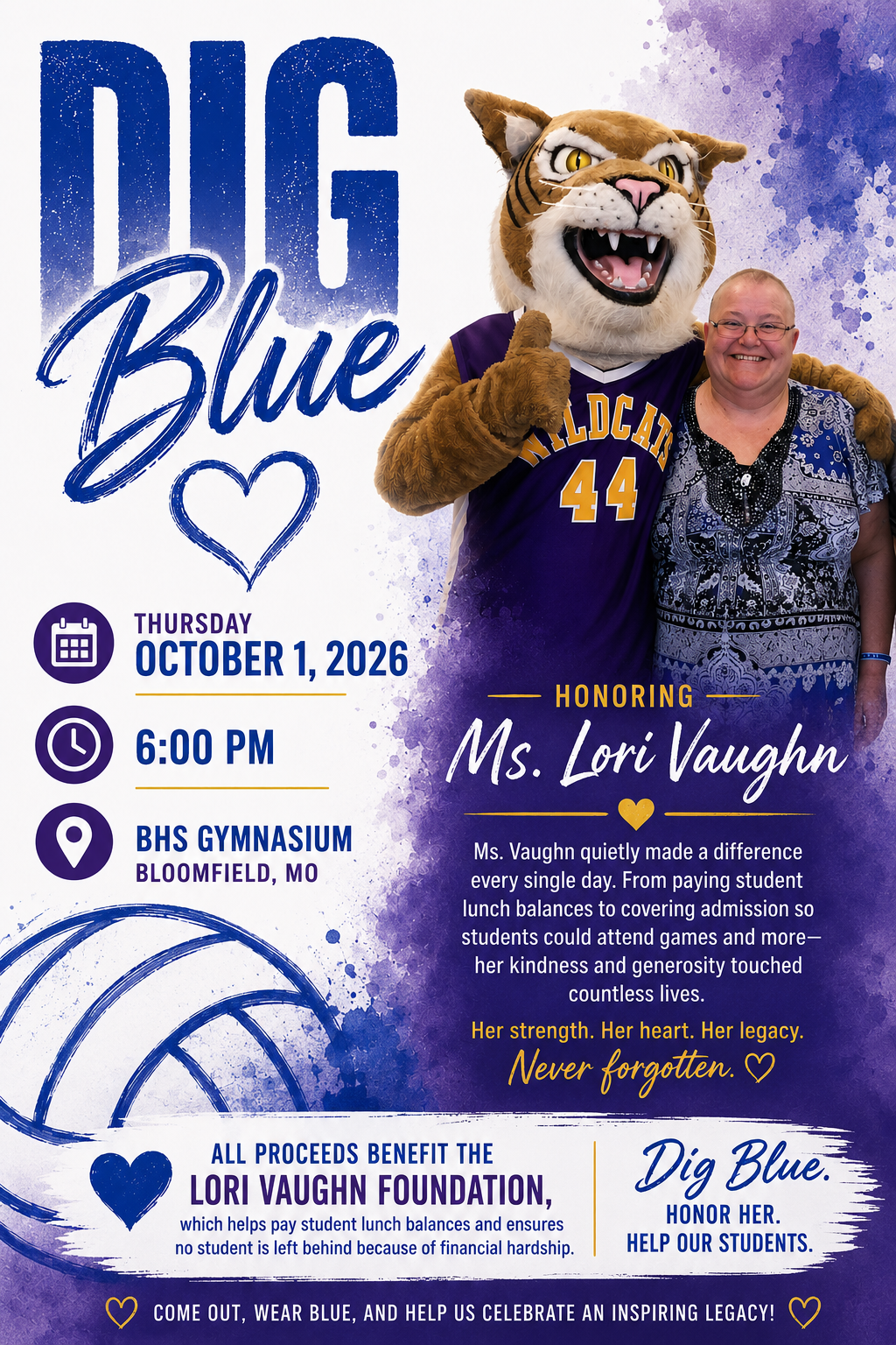A promotional flyer for Dig Blue honoring Ms. Lori Vaughn with a wildcat mascot and a person smiling.